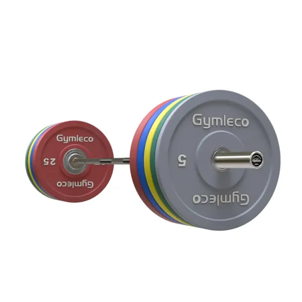 gymlecos skivstångspaket med gummivikter i färg och powerlifting skivstång